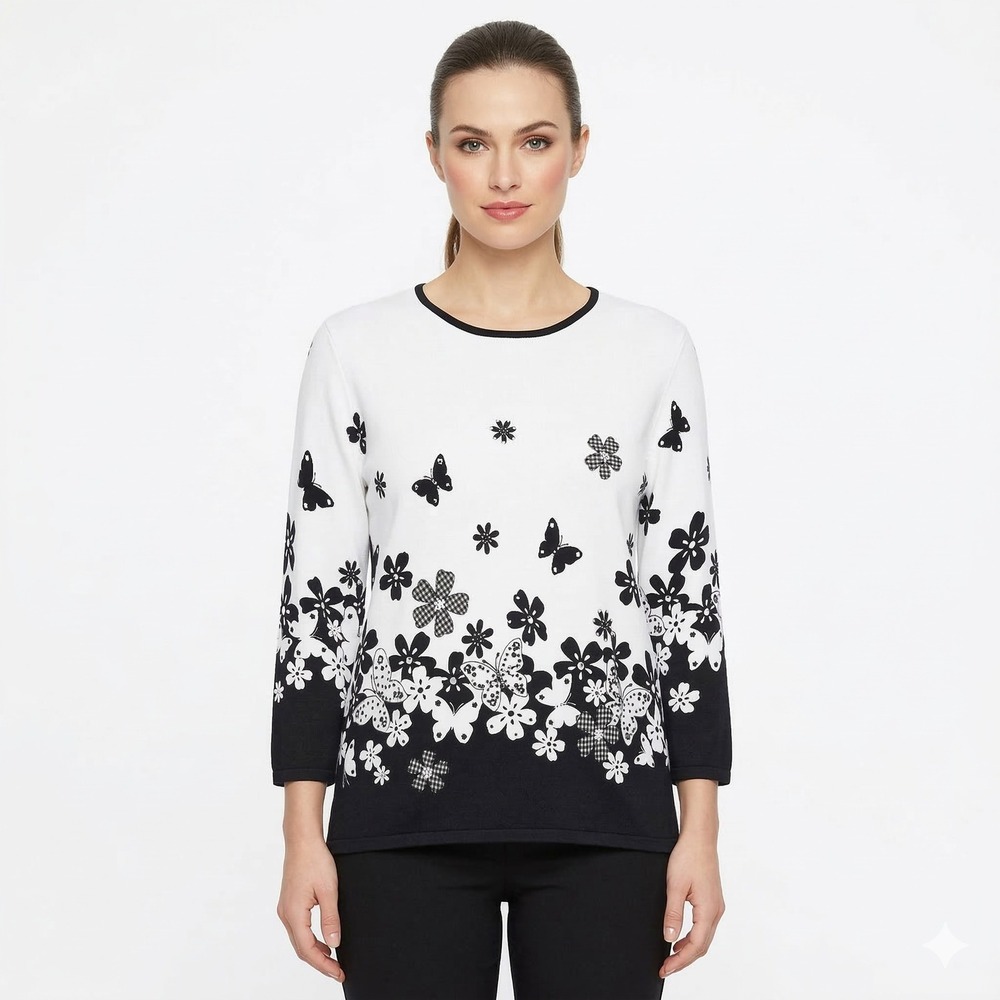 Alfred Dunner Women's Size XL White Butterfly Floral Knit Sweatshirt Tops Shirt*
